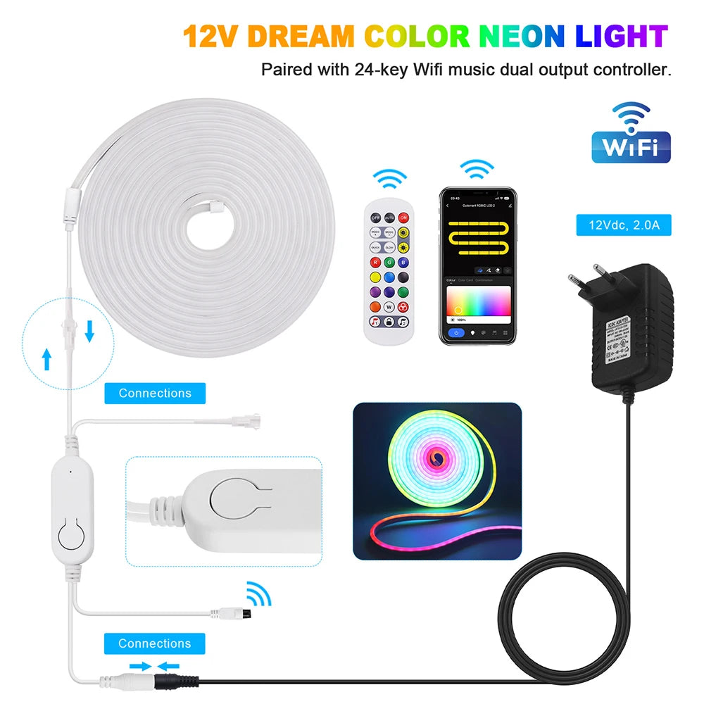 WiFi Smart RGB Neon LED Strip Light 24Key Remote Control 12V EU/US/UK/AU Plug WS2811 84LED/M Gaming Room Decoration 1M 2M 3M 5M