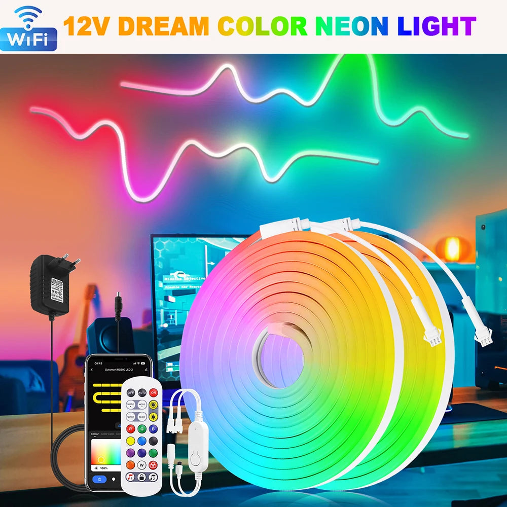 WiFi Smart RGB Neon LED Strip Light 24Key Remote Control 12V EU/US/UK/AU Plug WS2811 84LED/M Gaming Room Decoration 1M 2M 3M 5M